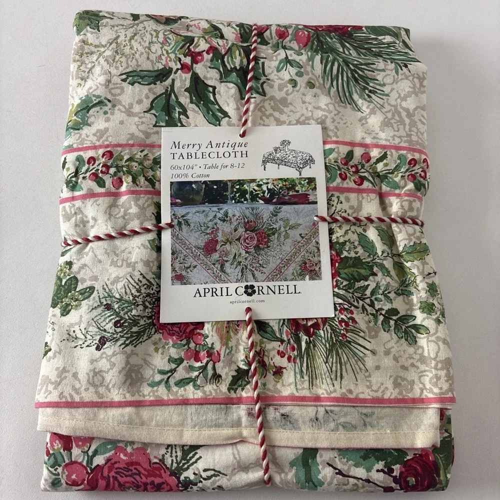 April Cornell Merry Antique Christmas Floral 60x104 Tablecloth Cotton Holidays